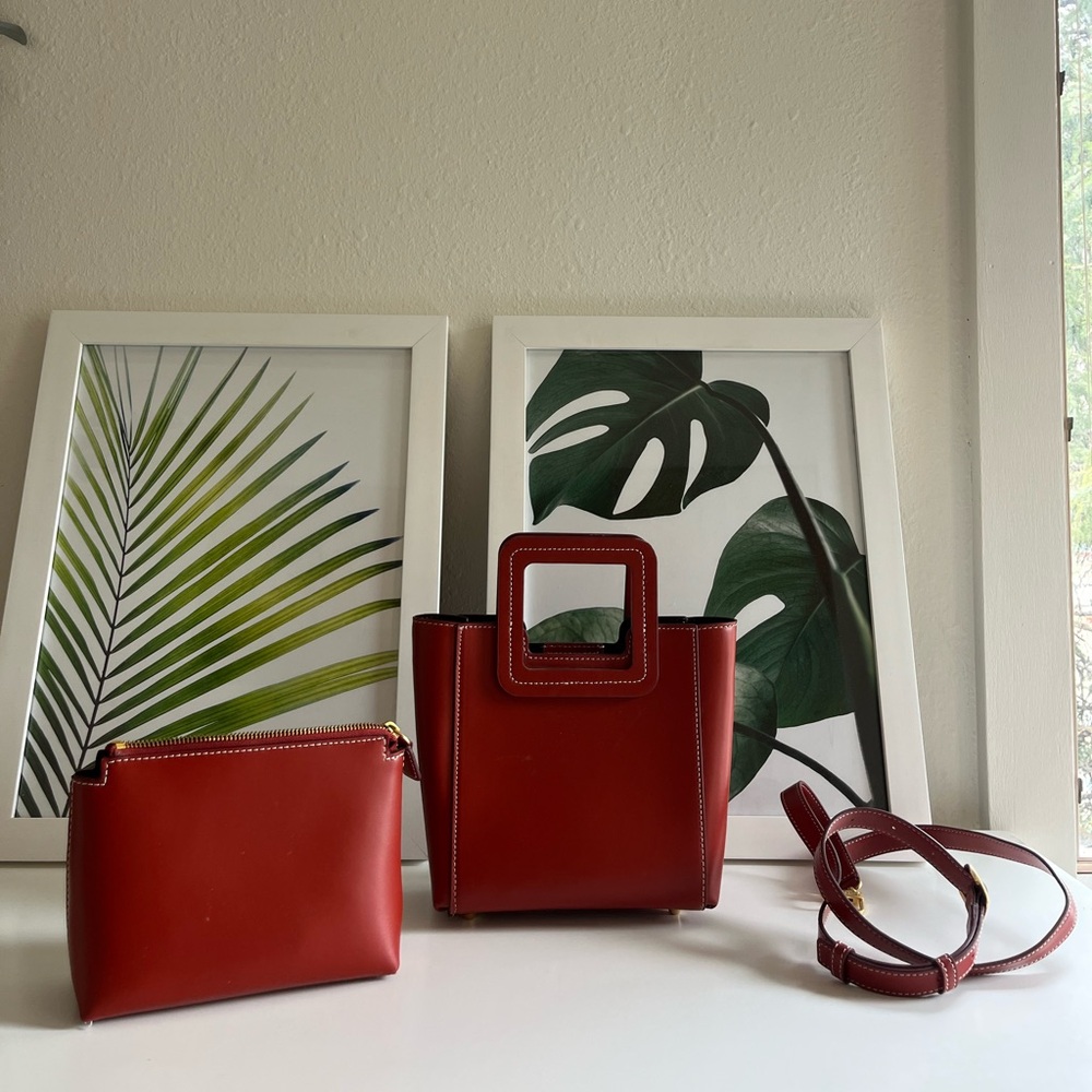 STAUD MINI SHIRLEY LEATHER BAG with shoulder strap and clutch